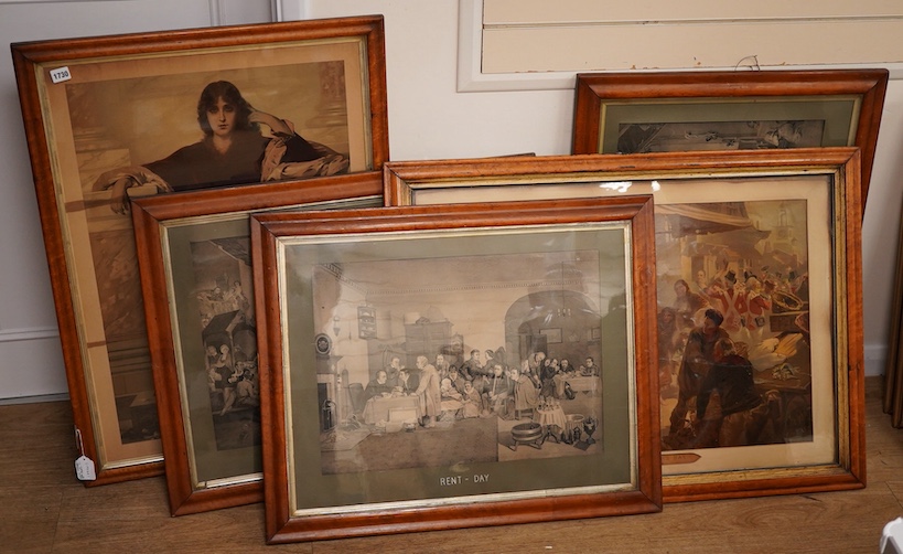 A set of three maple framed 19th century prints comprising 'Blind man's buff', 'Rent day' and 'The Village Festival' together with two others 'Day Dream' and 'Bound for Trafalgar Bay', largest 57 x 81cm